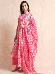 Pink Fancy Cotton Floral Printed Anarkali Kurti,Pant and Dupatta Set